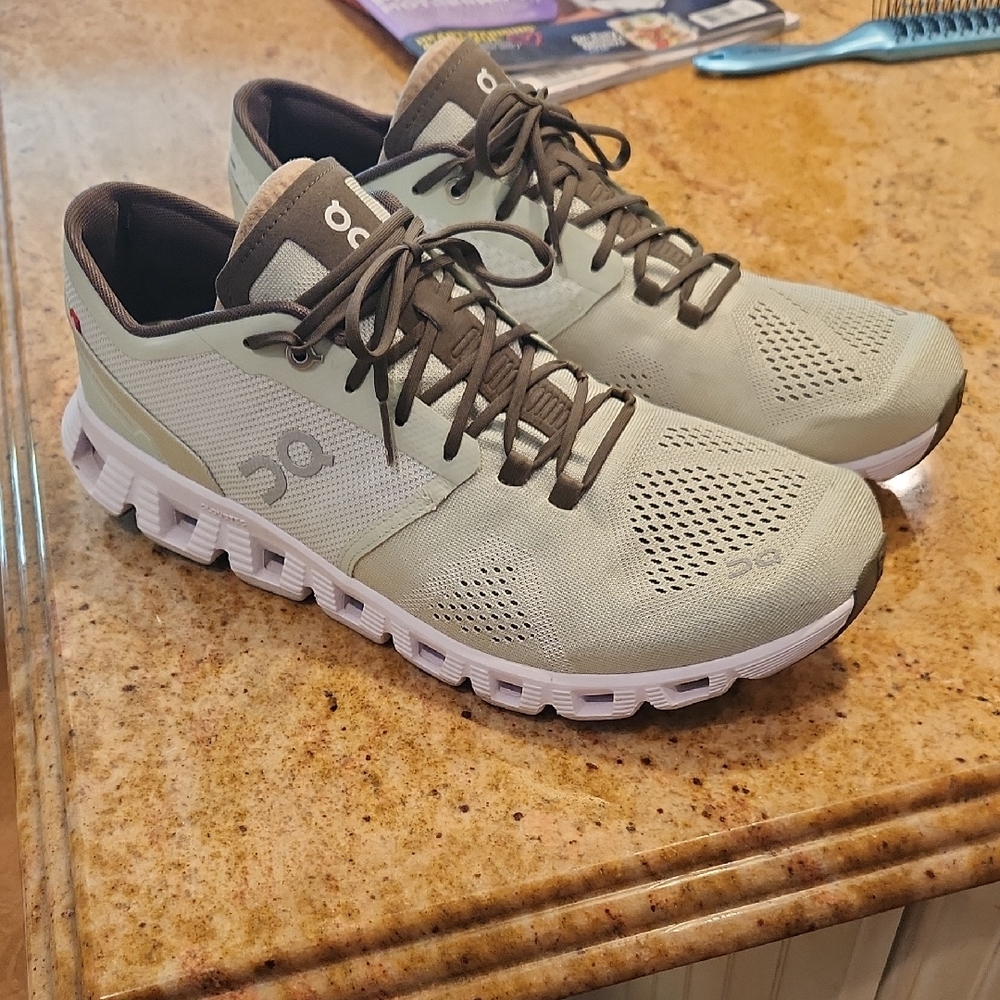 On Running Light Brown and White Sneakers